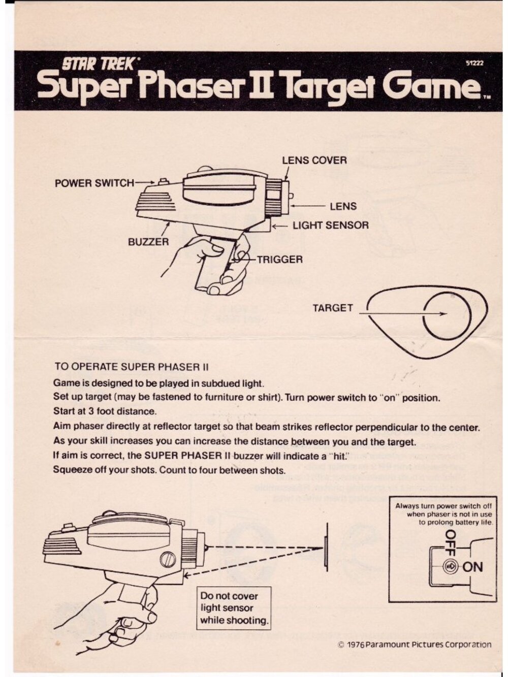 1976 Mego Star Trek Super Phaser II Target Game Instruction Sheet